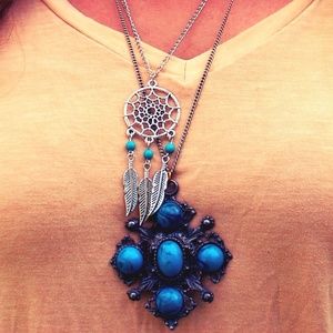 Native Dreamcatcher Feather Turquoise Necklace